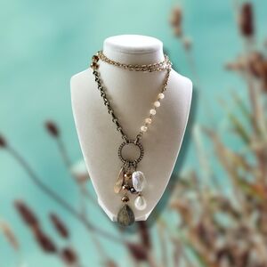 Chico's | Long Brass/Gold Tone Mixed Media Asymmetrical Beaded Charm Necklace